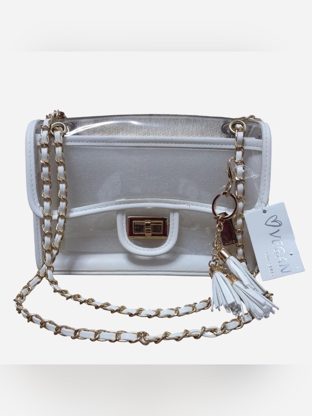 White Clear Chain-Handle Shoulder Bag with Tassel Key Chain & Gold Tone Hardware